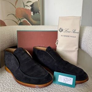 Loro Piana Men's Navy Blue Suede Open Walk Ankle Boot Loafer Shoes